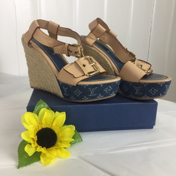 Louis Vuitton Shoes - Louis Vuitton: Espadrille Denim LV Pattern Wedges
